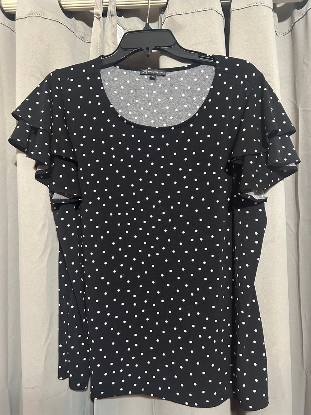 Adrianna Papell Black and White Polka Dot Ruffle Sleeve Blouse